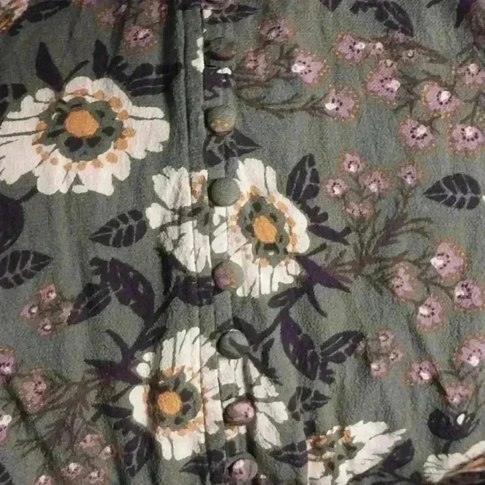 FREE PEOPLE Boho Green Floral Magic Mystery Tunic Oversized Blouse Sz S/P